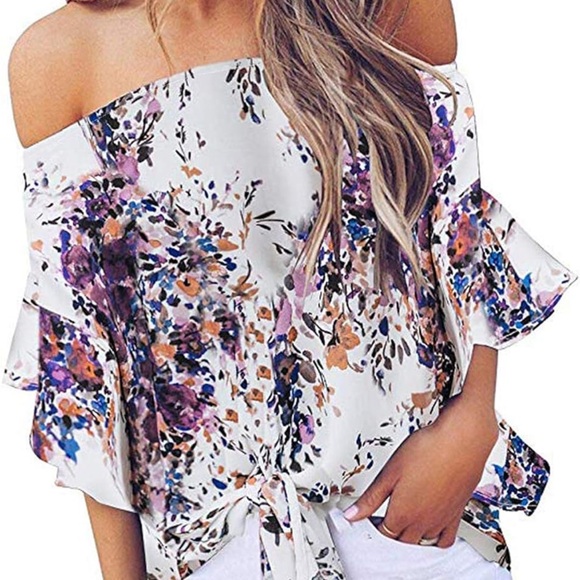 Tops - White and Purple Off-the-Shoulder Bell‎ Sleeve Blouse